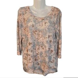 Rose + Olive Women L Pink Gray Floral Hi-Low Tunic 3/4 sleeve Cottagecore Fairy